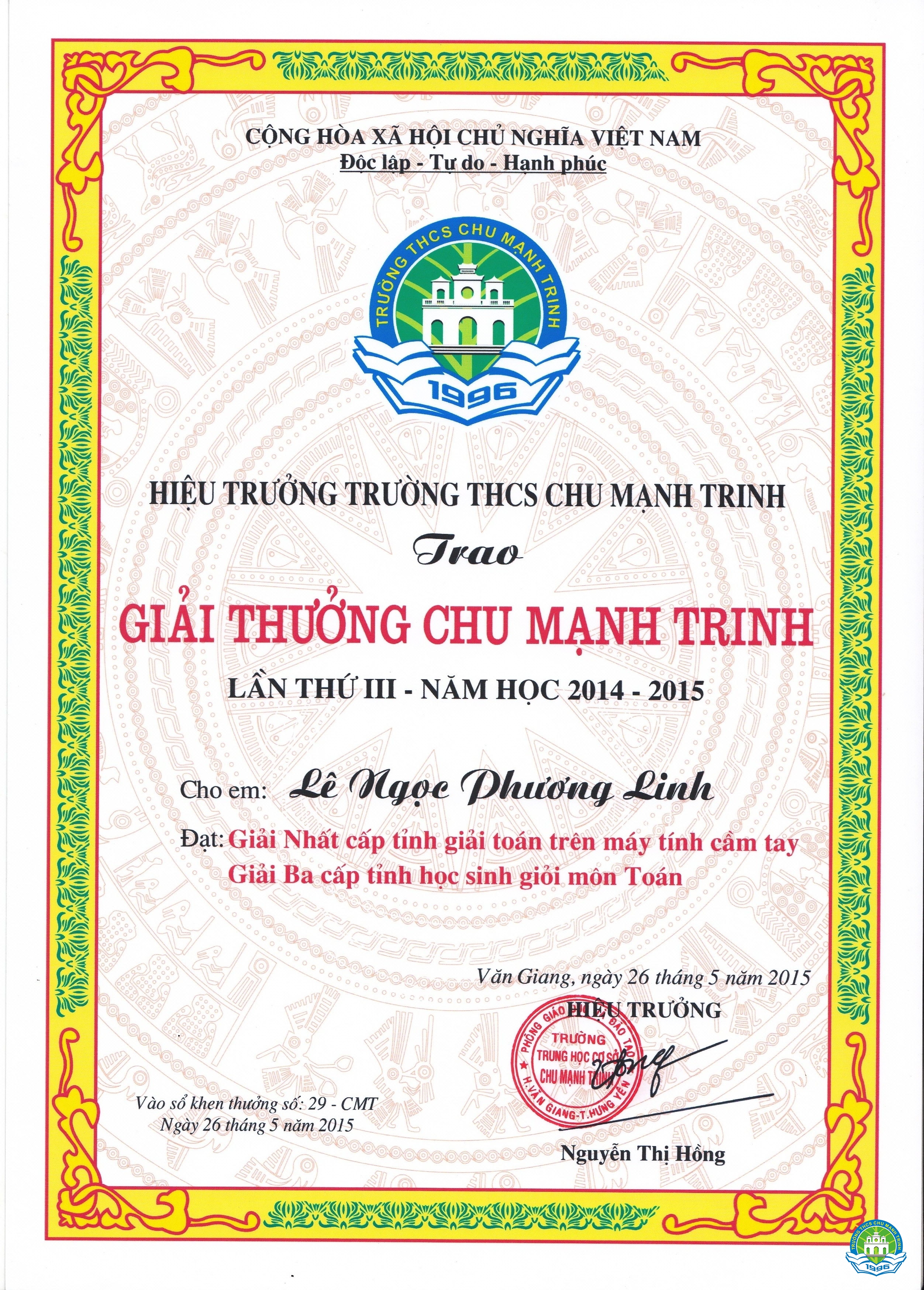 Giải thưởng CHU MẠNH TRINH lần thứ III năm 2015